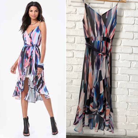 bebe Dresses & Skirts - Bebe print ruffle hi-lo dress sz S